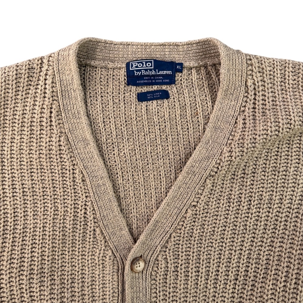 Vintage Polo Ralph Lauren Cardigan Sweater Mens XL Tan Linen Silk Ribbed Chunky